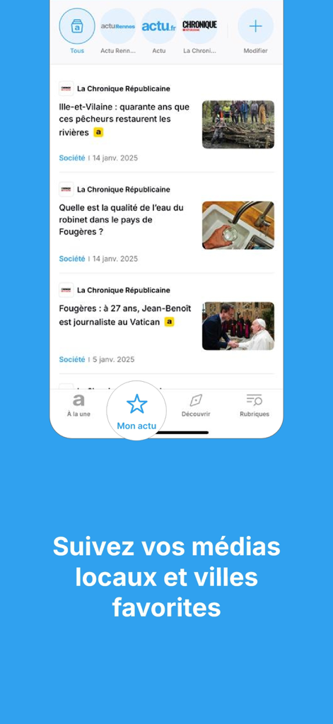 Actu - Interfaccia dell'app Actu che mostra notizie personalizzate dai media locali francesi e dalle città