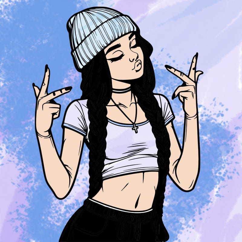 realistic teenage girl with braids and a beanie and crop top doing 🫶🏼