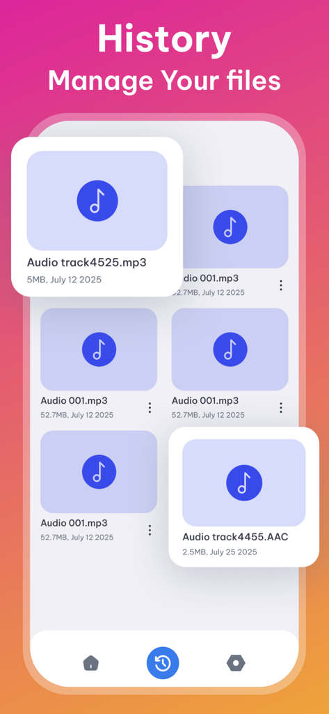 Video to MP3: Audio Converter - A screen in the app showing a history of converted MP3 and AAC audio files with management options