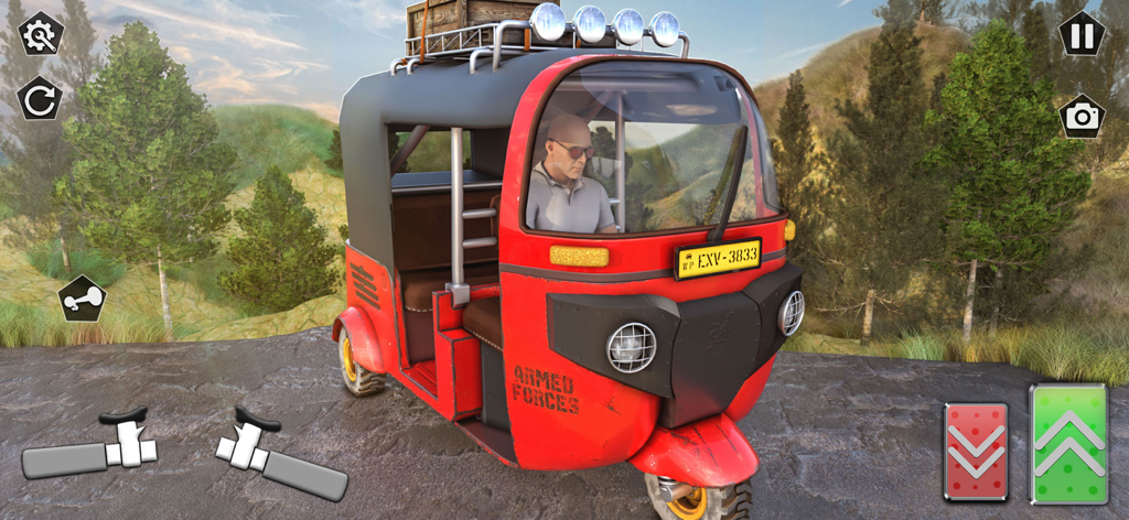Um auto rickshaw vermelho dirigindo em uma paisagem montanhosa offroad 3D dentro do jogo
