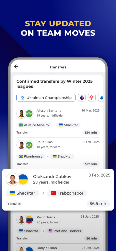 Tribuna app screen showing a list of recent football transfers for Ukrainian clubs including player stats and market values