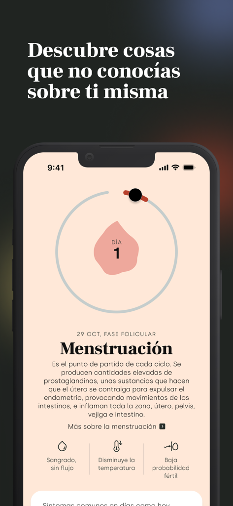 Cicla · Calendario menstrual - Interface of Cicla menstrual cycle app showing day one of menstruation and information about the follicular phase in Spanish.