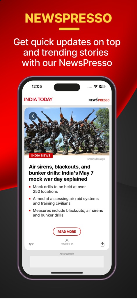 India Today TV English News - インドTodayアプリのNewsPresso機能が表示されたスマートフォン。要約されたニュースのハイライトと箇条書きが表示されています