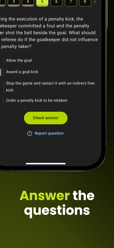 A screenshot of the RefereeWise app showing a multiple-choice quiz question about soccer refereeing rules during a penalty kick