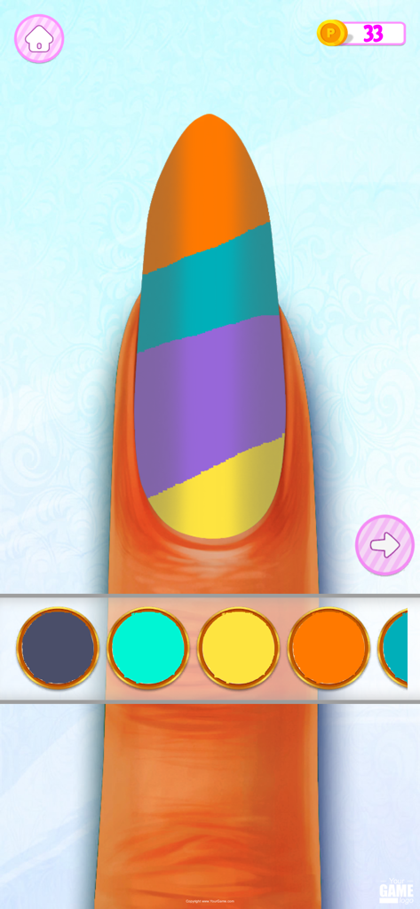 Nail Salon Game: Makeup Games - Una pantalla de juego móvil que muestra una uña larga siendo pintada con rayas naranjas, turquesas y púrpuras coloridas