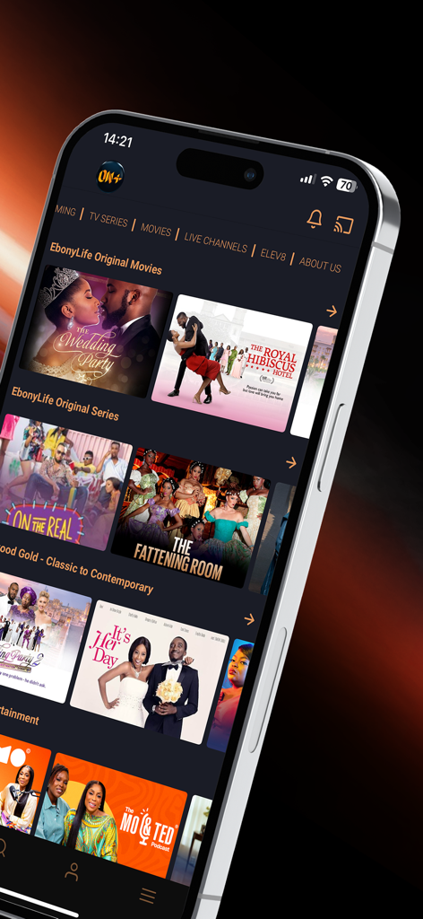 EbonyLife ON Plus app interface showcasing a gallery of African movies and series on a mobile screen