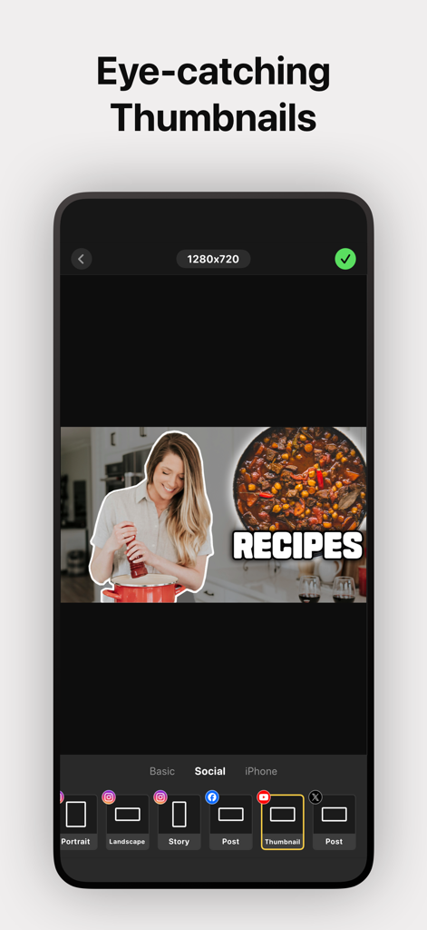 Cutout Camera AI Photo Editor - Mobile app interface showing the creation of an eye catching YouTube thumbnail for a recipe video with subject cutout and text overlays