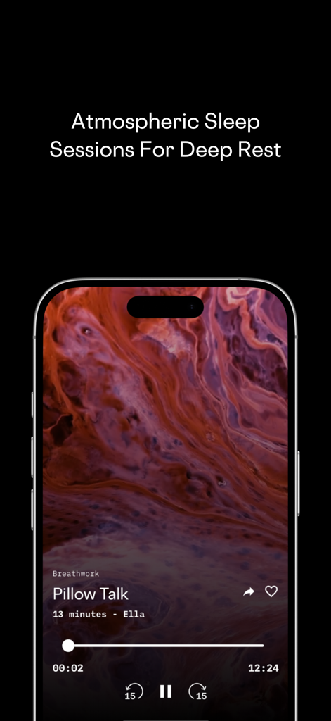 The Breath Haus app interface displaying an atmospheric sleep session titled Pillow Talk for deep rest.