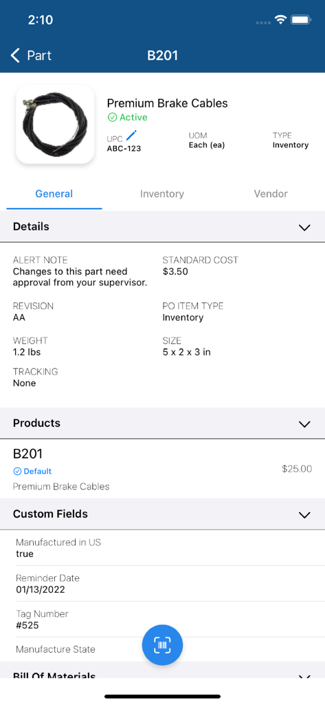 Fishbowl Advanced mobile app displaying detailed inventory information for a specific part including cost and custom fields