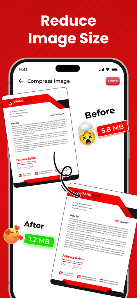 PDF Compressor－Compress PDF - Una interfaz de aplicación móvil que muestra el tamaño de un archivo de documento reducido de 5.8MB a 1.2MB utilizando la herramienta PDF Compressor.