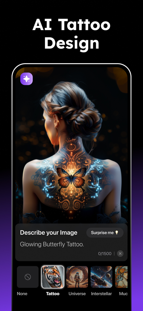 AI generated glowing butterfly tattoo design on a womans back