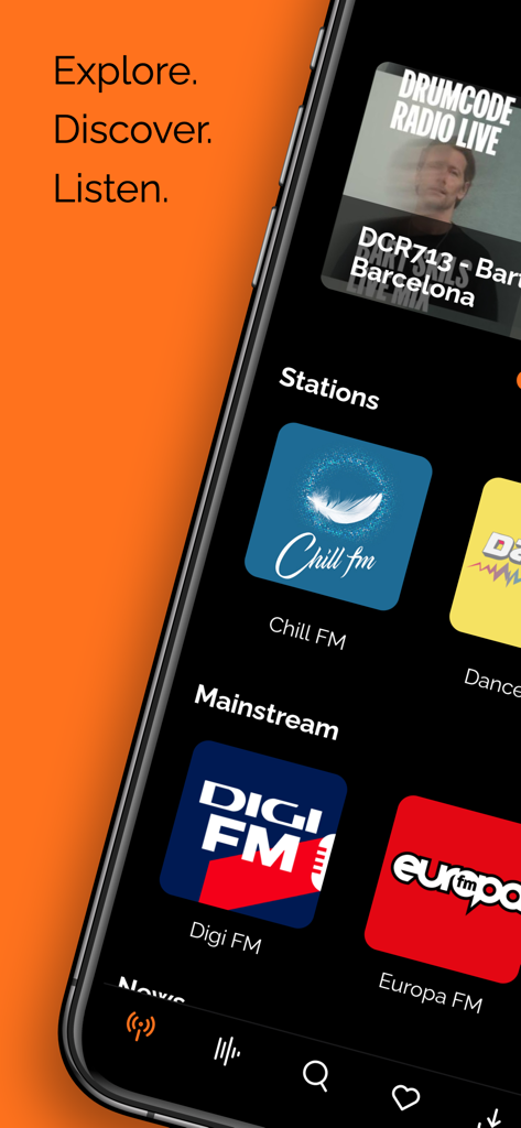 Unde app interface showing live radio stations and mainstream categories with the slogan Explore Discover Listen
