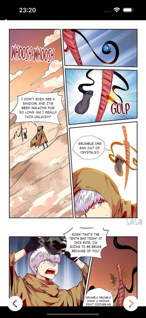 Manga Fire - Top Manga Reader - Une interface mobile de l'application Manga Fire affichant des planches de manhwa colorées avec un personnage aux cheveux blancs et une épée spirituelle flottante.