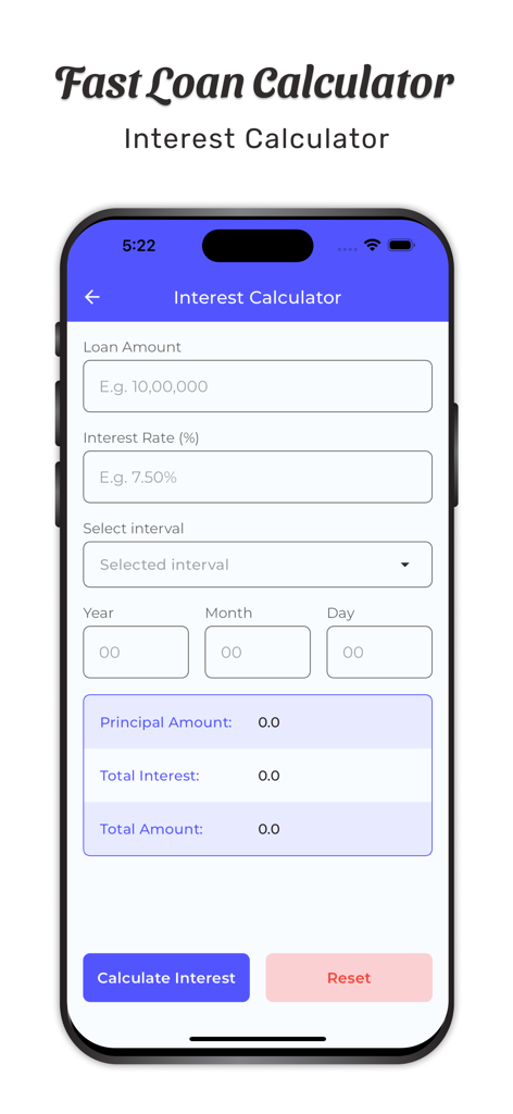 Interface of the Fast Loan Calculator app showing the interest calculator screen with inputs for loan amount and interest rate