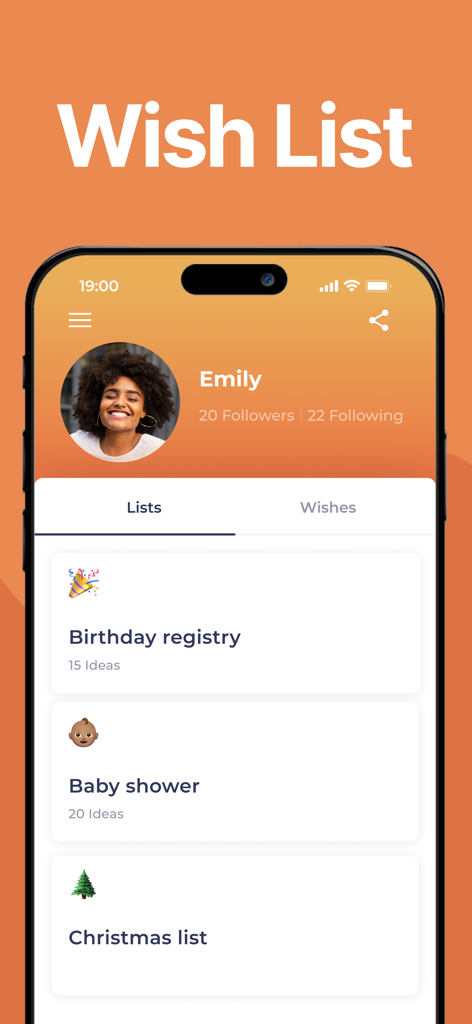 Wishlist Maker - Listery - Listery app user profile showing wishlist categories for birthday registry baby shower and christmas list