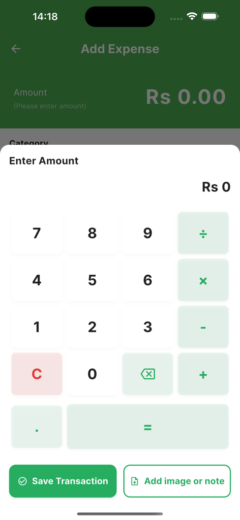 Money Master Sri Lanka - Interface de entrada manual de despesas com teclado numérico e calculadora no aplicativo Money Master