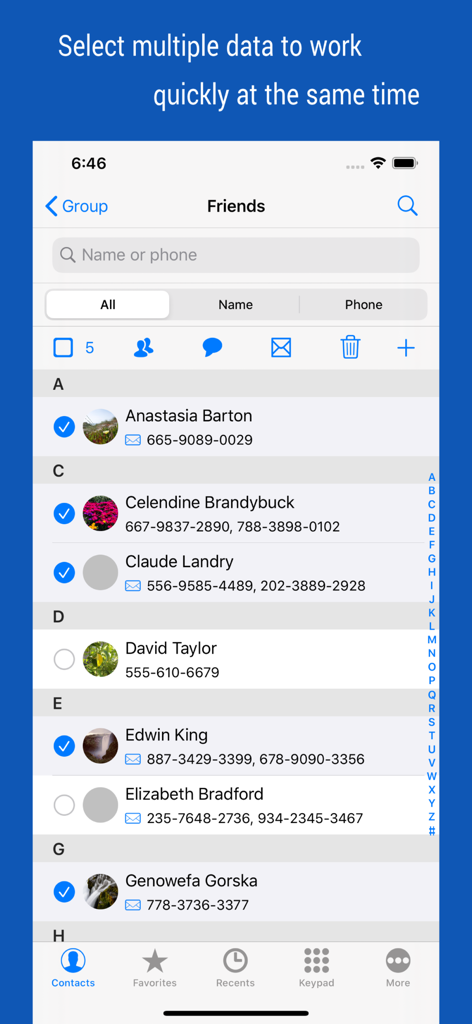 Interface of iContacts plus showing multiple contacts selected for bulk management actions