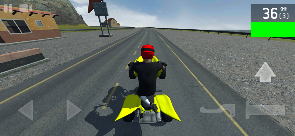 A player riding a yellow quad bike on an open road in the Wheelie Life 2 mobile game