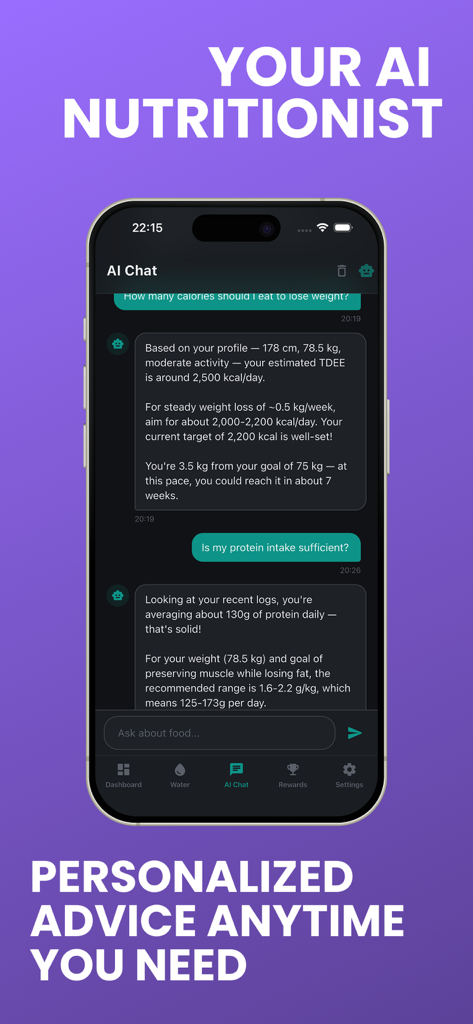 Calorie Tracker - AI Food Log - AI Chat interface of the Calorie Tracker app providing personalized nutrition advice