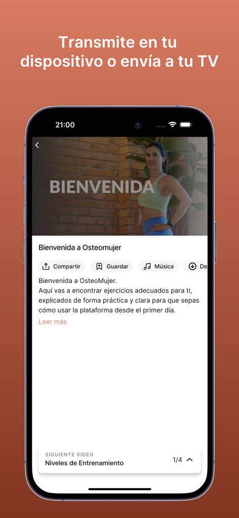 OsteoMujer - Écran de la vidéo de bienvenue de l'application OsteoMujer avec des options pour diffuser sur une télévision et afficher les niveaux d'exercice.