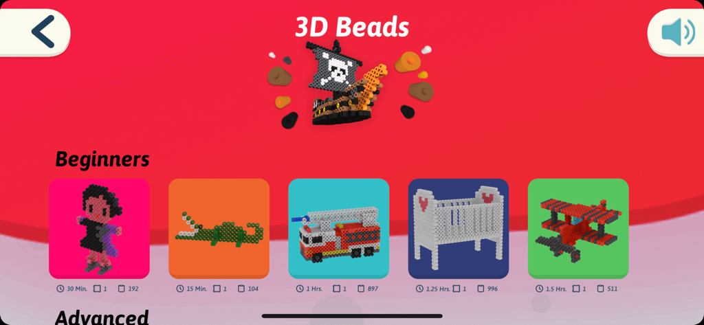 Interfaccia dell'app smART pixelator 2.0 che mostra una galleria di progetti di perline 3D per principianti, tra cui un coccodrillo, un camion dei pompieri e un aeroplano.