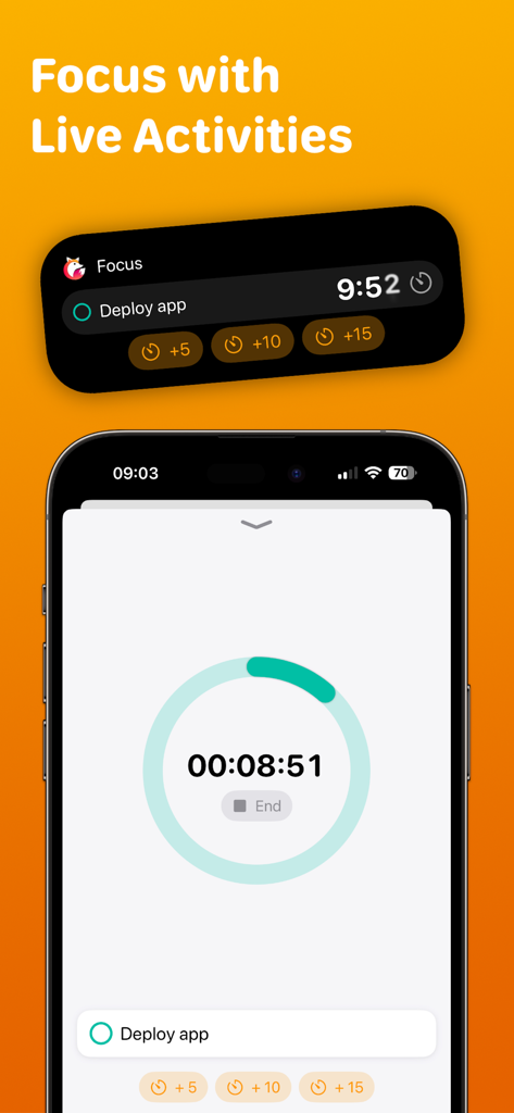 Planny • Daily Planner - O cronômetro de foco do aplicativo Planny e o recurso de notificação Live Activity do iOS em um iPhone.