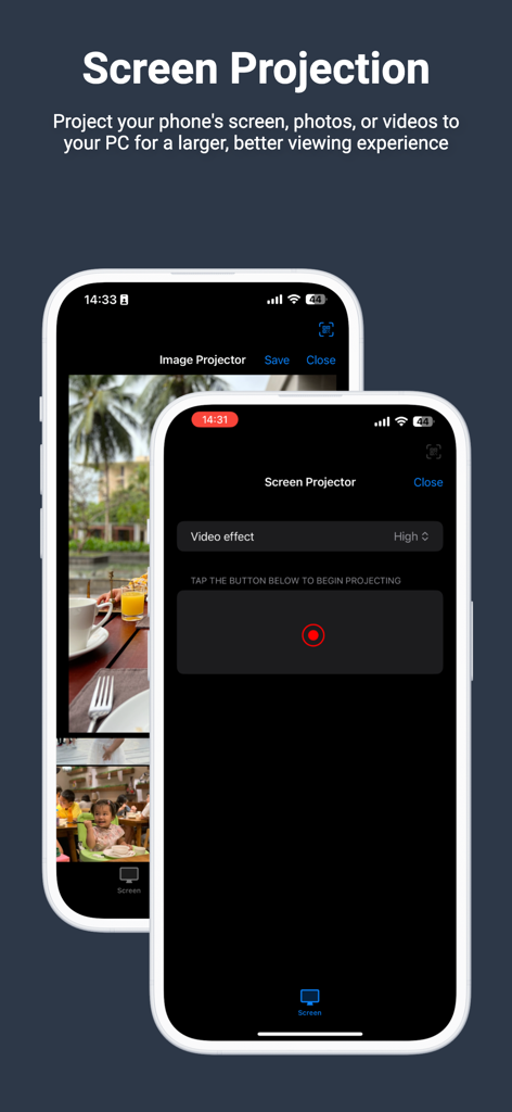 Interfaz de la aplicación PC Remote mostrando opciones de proyección de pantalla e imagen desde un iPhone