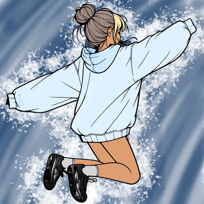 realistic girl jumping with a bun and oversized sweatshirt