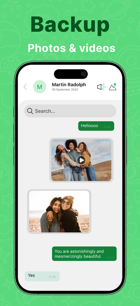 Recover Deleted Message Chat - Chat interface showing backed up photos and videos from a WhatsApp conversation