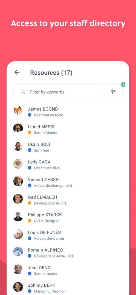BoondManager 모바일 앱 화면으로, 리소스 목록과 직책이 있는 직원 디렉토리를 보여줍니다.