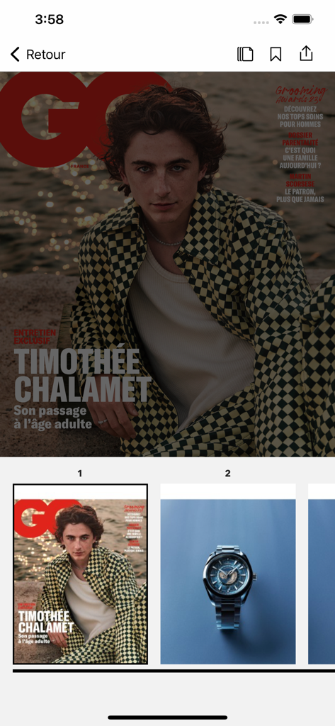Interfaz de la aplicación GQ Magazine France con Timothee Chalamet en la portada y una vista previa de un reloj de lujo