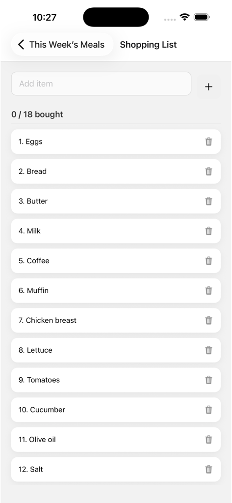 Meal Planner: Shopping List - A clean grocery shopping list interface showing various food items like eggs and bread with a progress tracker