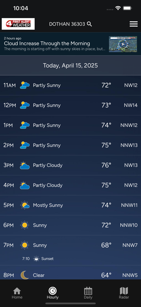 Hourly weather forecast for Dothan Alabama on the WTVY-TV 4 First Alert Weather app.
