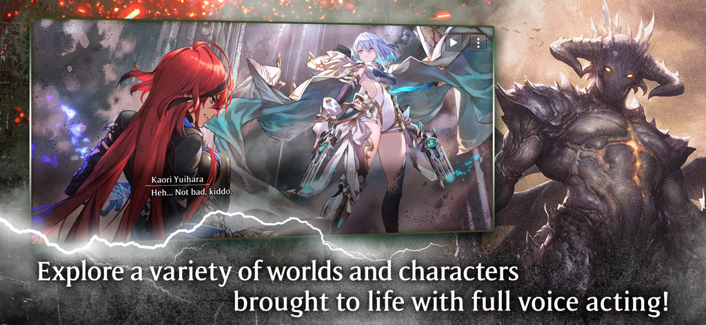 Anime characters Kaori Yuihara in a story dialogue scene with a large demonic creature in the background