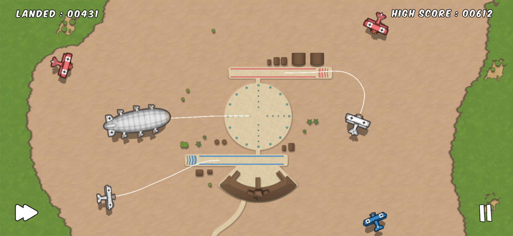 Top down air traffic control gameplay featuring vintage biplanes and a zeppelin being guided to landing strips