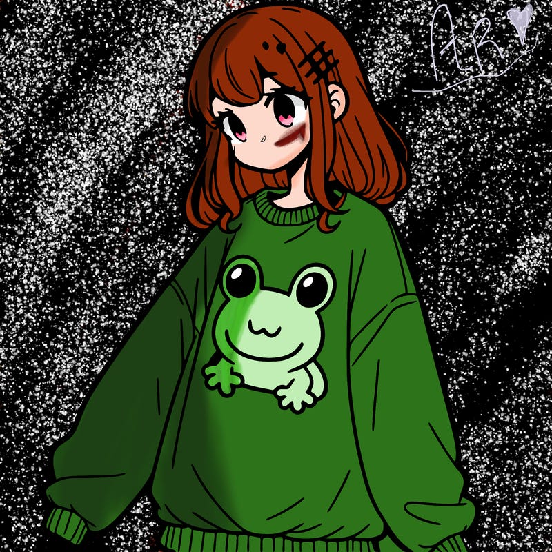 girl wearing frogging sweatshirt