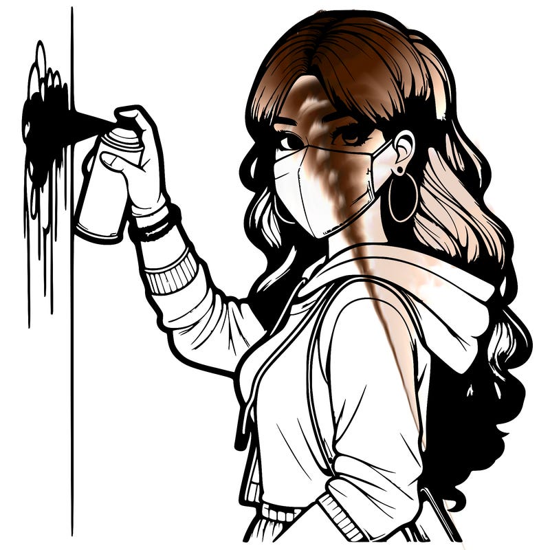 realistic girl with mask spray painting a wall