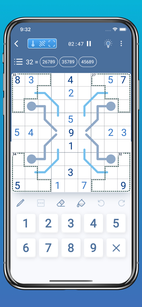 Sudoku & Variants by Logic Wiz - A mobile phone screen displaying a complex Sudoku variant puzzle with killer cages and thermometer logic from the Logic Wiz app.
