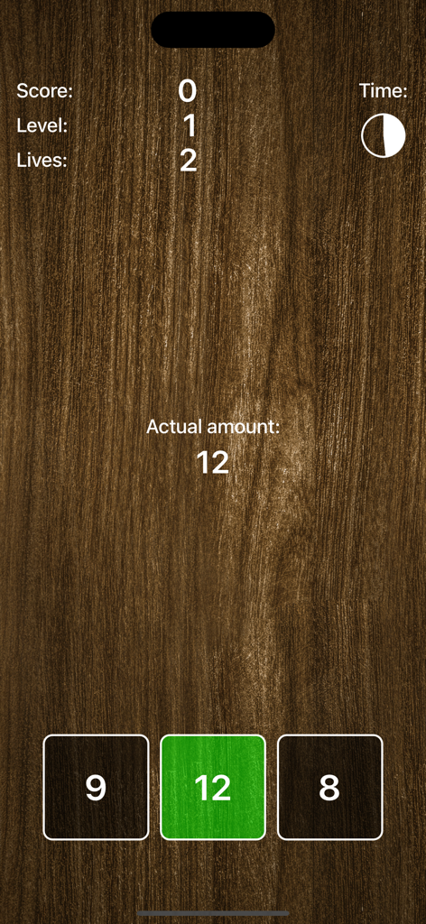 Rainman - The Game - Gameplay screen of Rainman showing a correctly identified number of matches on a wood background.