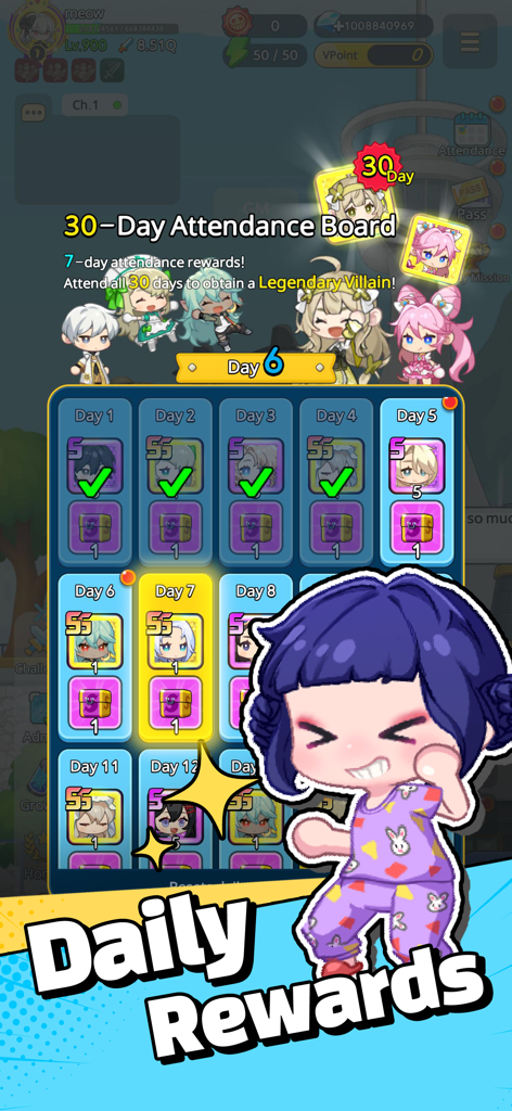 Supervillain Wanted mobile game screenshot showing a 30 day attendance board with various daily rewards and chibi characters