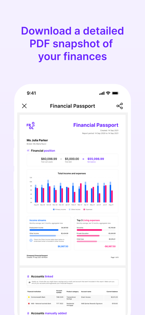 Frollo app displaying a detailed Financial Passport PDF snapshot with income and expense charts