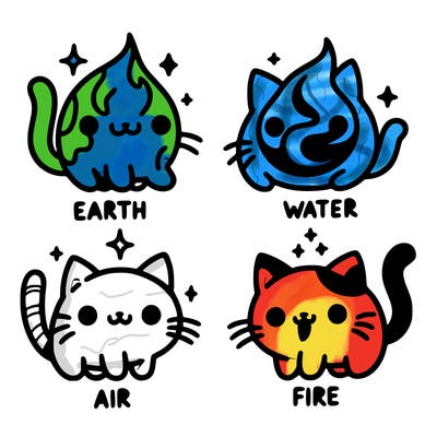 4 cats that represent the different elements, earth, water, air, and fire