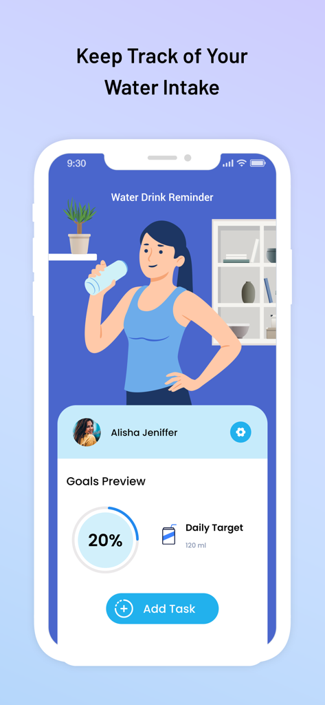Water Reminder : Aqualert - Interfaz de la aplicación Aqualert que muestra un objetivo de progreso de ingesta de agua diaria del 20 por ciento