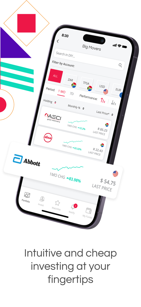Aplicación EasyEquities mostrada en un iPhone mostrando las acciones con mayores movimientos y gráficos de rendimiento bursátil de varios mercados internacionales