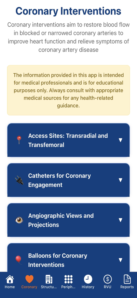 Interventional Cardiology Hub - A mobile app interface displaying a list of coronary intervention guides including access sites and catheters