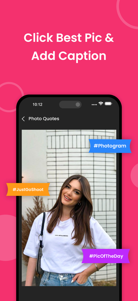 TopFollow - Tags - Interface of TopFollow app showing a photo with colorful hashtags like Photogram and PicOfTheDay