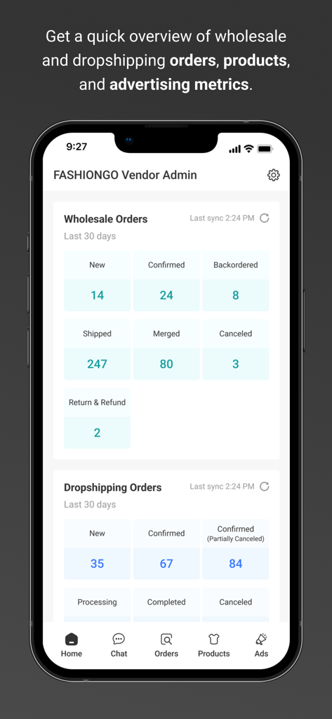 FASHIONGO Vendor Admin - FASHIONGO Vendor Admin dashboard displaying wholesale and dropshipping order metrics