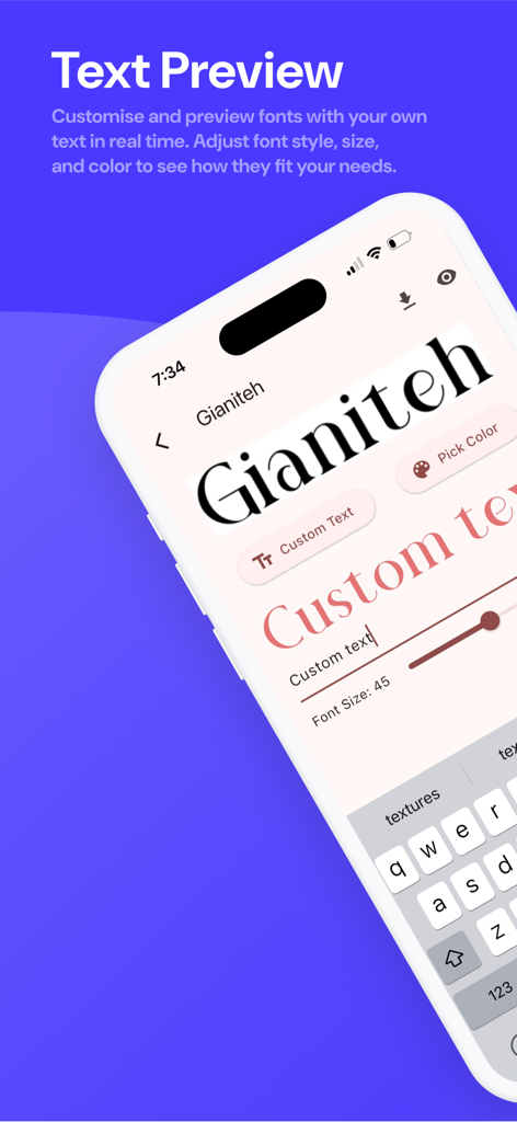 DaFonts - Fonts Downloader - Interface do aplicativo DaFonts mostrando a pré-visualização de texto e os recursos de personalização de fontes