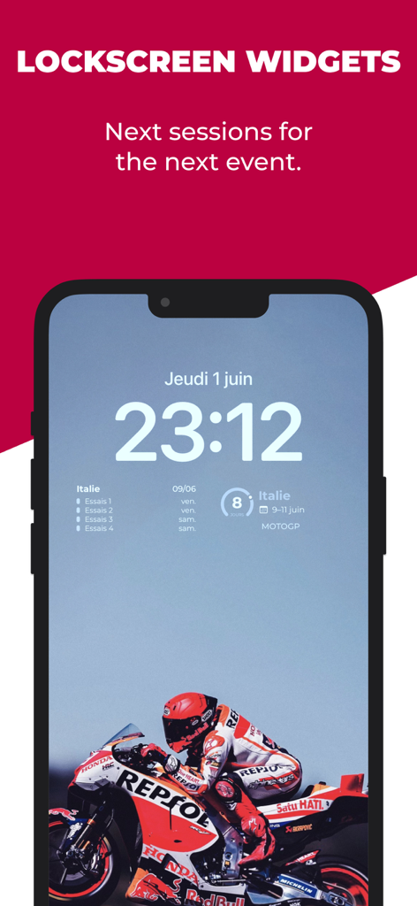 iPhone lock screen displaying MotoGP race schedule widgets and countdown over a racing wallpaper