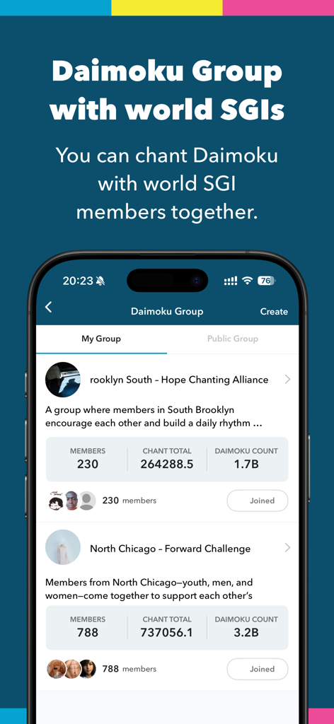 DAIMOKU PRO | SGI DAIMOKU SNS - Interface of the Daimoku Pro app showing SGI chanting groups with member statistics and chant totals